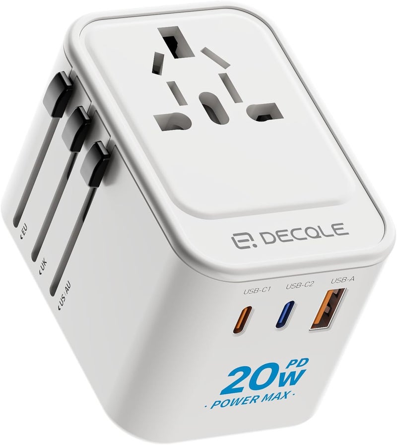 D DECQLE Universal Travel Adapter, International Travel Plug Adapter with 2 USB-C(PD 20W) ＆ 1 USB-A Ports, All in One Portable Adaptor, for USA, UK, EU, AU ＆ 224+ Countries (White) US - Image 1